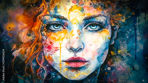 Watercolor painting of a beautiful young woman face portrait close up abstract art illustration with bright colors.