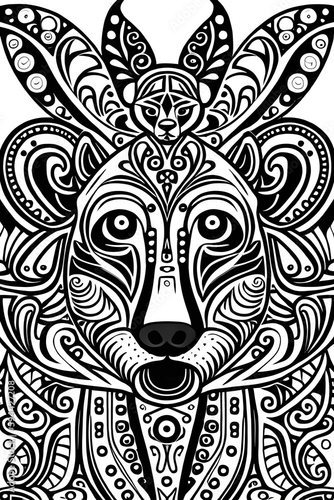 digital illustration, abstract DOGS pattern, black and white folklore motif, isolated on white background, vector texture, bear design in the middle, modern fashion print 
