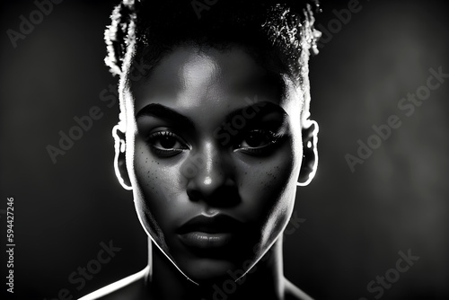 Portrait of a black model with a strong look. Generated with ai.