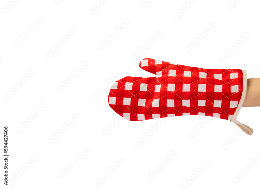 Fototapeta premium Red kitchen gloves for hot food isolated on white background. Kitchenware. Accessories for the kitchen.