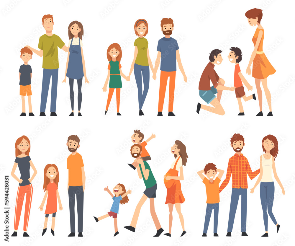 Fototapeta premium Happy Family with Mother, Father and Kids Spending Time Walking Together Big Vector Set