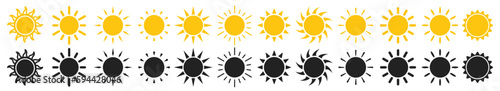 Sun icon set. Isolated summer hot sunlight sign collection. Sun stock vector icon sheet.