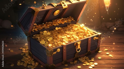 Illustration of a treasure chest filled with gold and gold coins in a cave. Abundant riches. Hidden valuable items. Generative AI.
