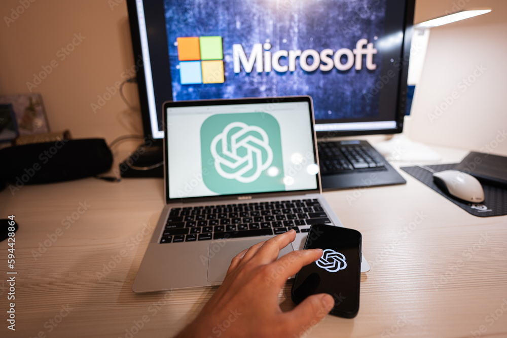 Kyiv, Ukraine - April, 2023: Smartphone with OpenAI GPT-4 and Microsoft