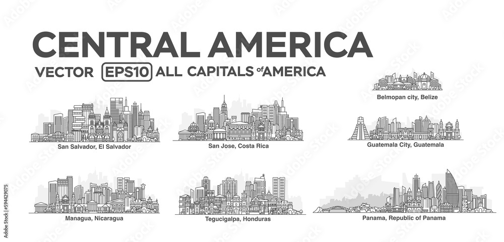 All capitals of Central America. Cities in a linear style with famous views and landmarks. Editable stroke. Skyline city line illustrations.