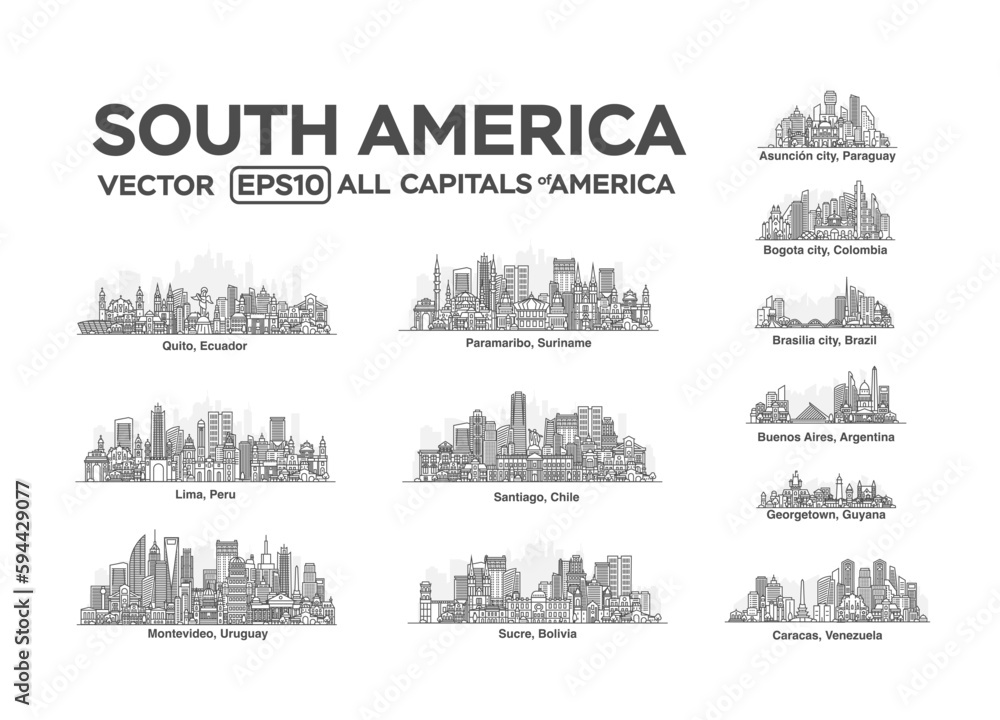 All capitals of South America. Cities in a linear style with famous views and landmarks. Editable stroke. Skyline city line illustrations.