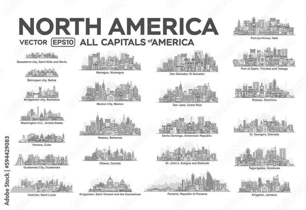 All capitals of North America. Cities in a linear style with famous views and landmarks. Editable stroke. Skyline city line illustrations.