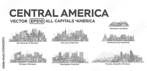 All capitals of Central America. Cities in a linear style with famous views and landmarks. Editable stroke. Skyline city line illustrations.