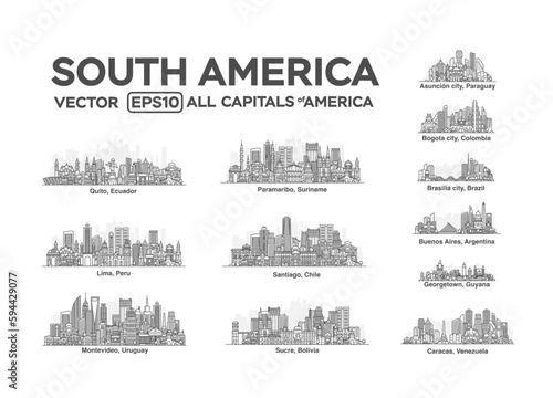 All capitals of South America. Cities in a linear style with famous views and landmarks. Editable stroke. Skyline city line illustrations.