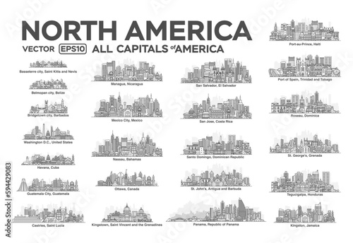 All capitals of North America. Cities in a linear style with famous views and landmarks. Editable stroke. Skyline city line illustrations. #594429083