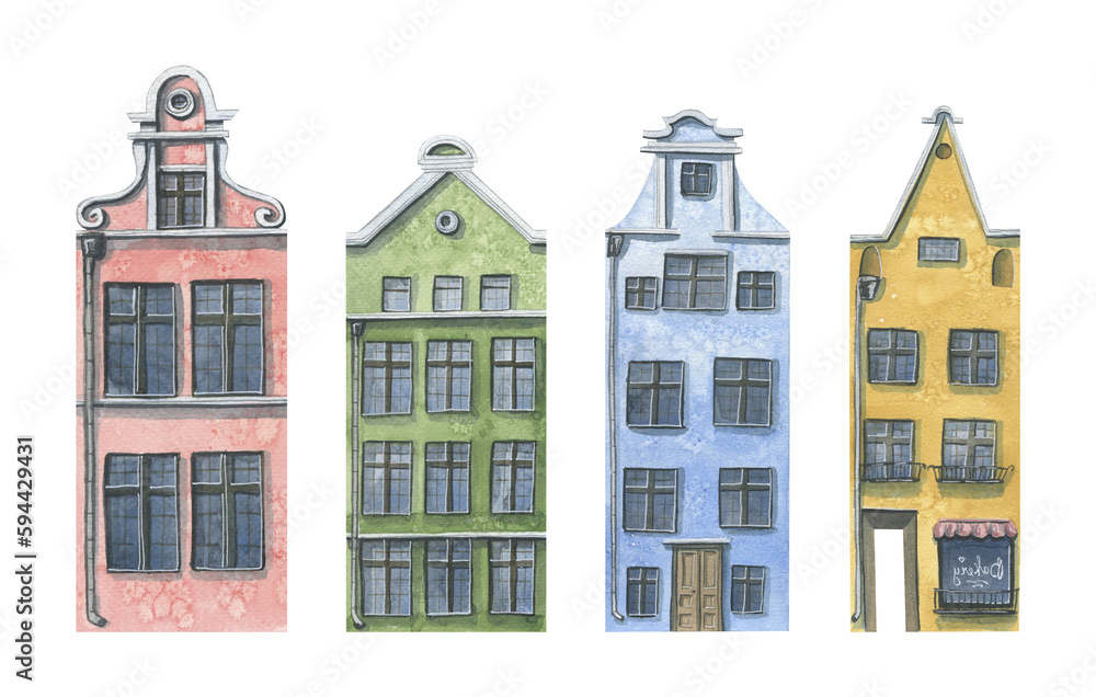 A set of old, European houses. Watercolor illustration. Cute, colorful houses. For decorating, designing and composing various compositions of postcards, souvenirs, posters, stickers