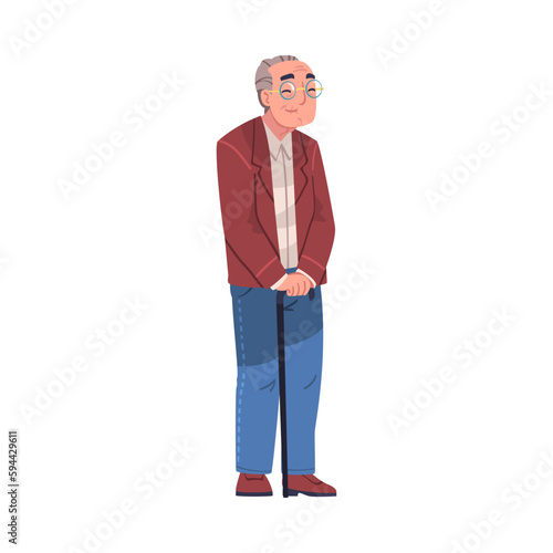 Happy Smiling Grey Haired Senior Man Character Standing Leaning on Cane Vector Illustration