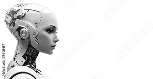 Robot android with a beautiful female appearance on a white background. Copy space. PNG. AI generative.