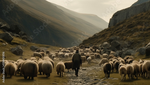 Flock of sheep grazing on mountain meadow generated by AI
