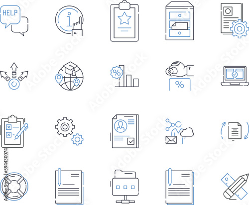 Tutoring supplies line icons collection. Chalk, Whiteboard, Markers, Flashcards, Erasers, Pencils, Pens vector and linear illustration. Highlighters,Post-it notes,Index cards outline signs set