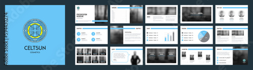 Presentation template with blue logo and wide screen slides. Corporate identity and branding design