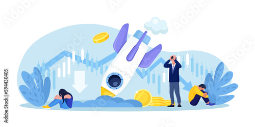 Businesspeople stand at crashed rocket. Fail start up, new business failure. Spaceship fall down. Depressed businessmen company owners sitting near crash launching space rocket Entrepreneur bankruptcy