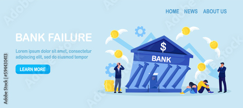 Banking bankruptcy. Stock market crash. Credit risk or investment failure. Frustrated business people look at collapsing bank building. Financial crisis. Economic downturn. Global money loss problem
