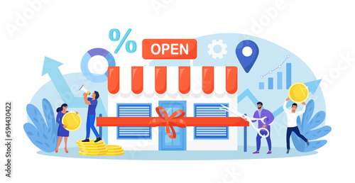Business owner, entrepreneur open retail shop, cutting ribbon with scissors. Backing startup project. Banking loan to start new business. Investment in small business. New local store, happy customers