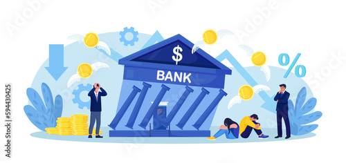 Banking bankruptcy. Stock market crash. Credit risk or investment failure. Frustrated business people look at collapsing bank building. Financial crisis. Economic downturn. Global money loss problem
