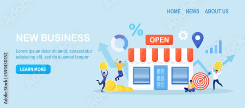 Business owner and entrepreneur open retail shop. Backing startup project. Banking loan to start new business. Investment in small business. New local store and happy customers