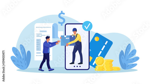 Online shopping or fast safe delivery service. Courier man holding shopping box coming out from phone screen. Customer receiving parcel. Online order and payment by mobile app. Internet e-commerce