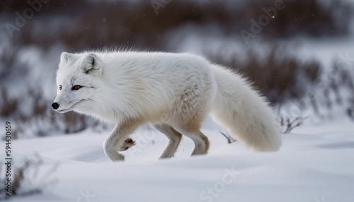 Fluffy red fox walking in winter forest generated by AI