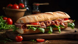 Fresh ciabatta sandwich with grilled pork, prosciutto, and vegetables generated by AI