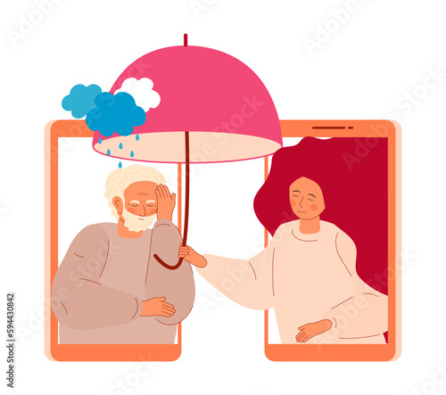 Online psychology help for senior people. Doctor of psychiatry taking umbrella and protect from rain. Depression, sadness, mental health.