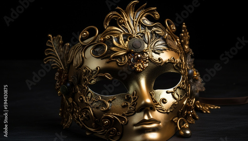Gold colored masquerade mask, ornate feather decoration generated by AI