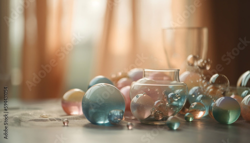 Luxurious glass spheres on wooden table centerpiece generated by AI