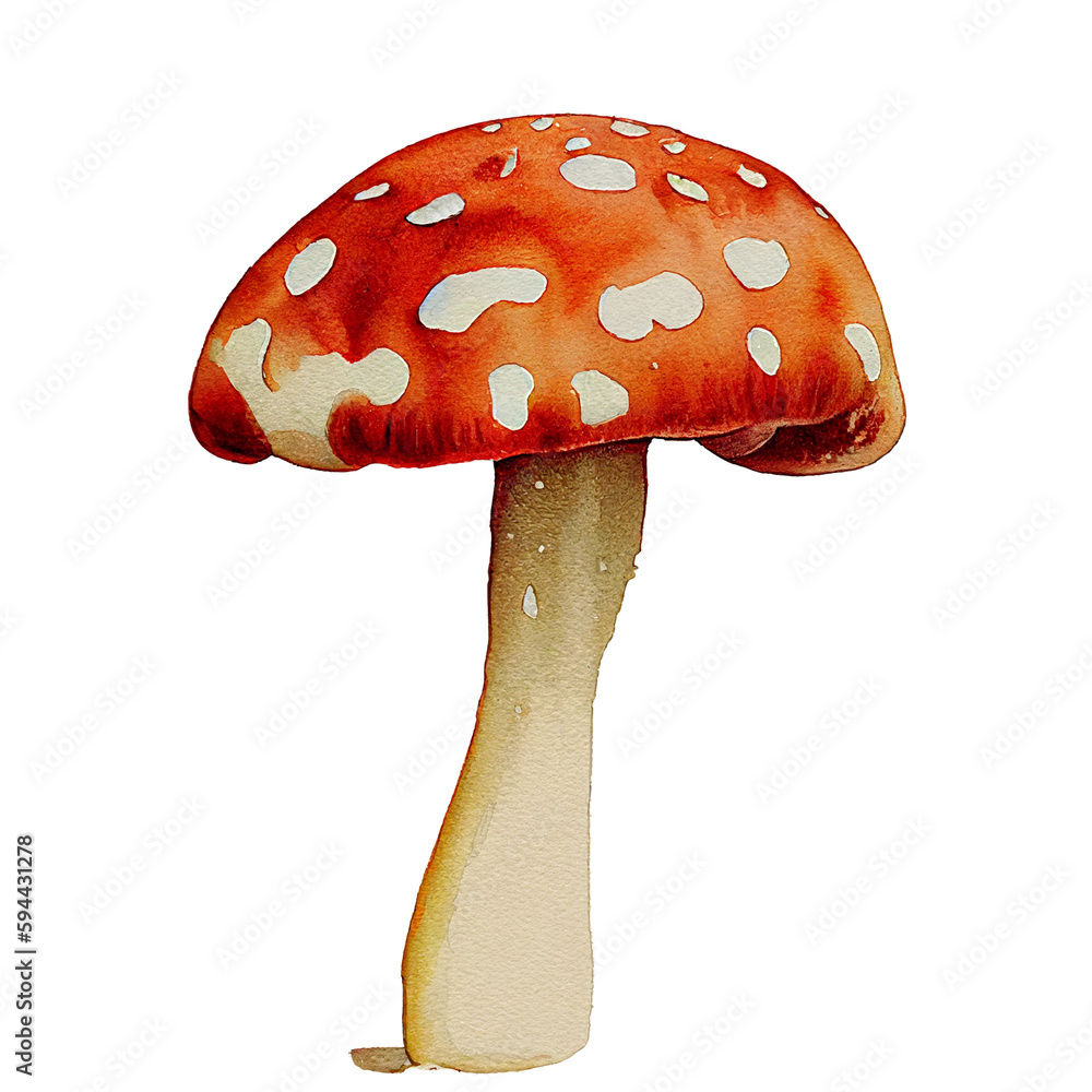 Watercolor fly agaric mushroom red and white spots on transparent background isolated Watercolor fly agaric mushroom red and white spots on transparent background isolated