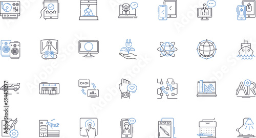 Audiovisual depot line icons collection. Equipment, Projection, Sound, Lighting, Screens, Speakers, Microphs vector and linear illustration. Cables,Amplifiers,Mixers outline signs set