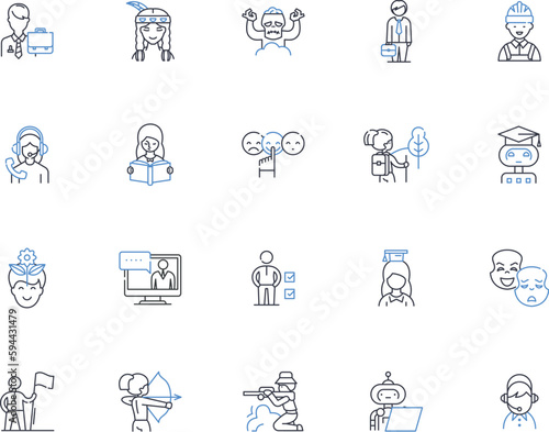Characters line icons collection. Protagonist, Antagonist, Hero, Villain, Sidekick, Mentor, Love interest vector and linear illustration. Nemesis,Misfit,Rebel outline signs set
