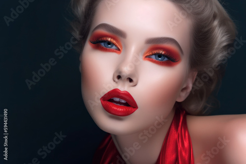 Close-up portrait of a woman with red lips and eye shades makeup. Generative AI