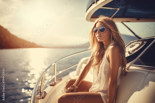Beautiful Girl resting on the Luxury Yacht.Looking for the sea during sailing trip. Relaxed woman in sun hat enjoying ocean. Concept Luxury Lifestyle. Generative AI. © bluebeat76