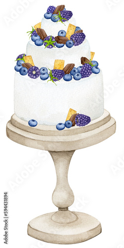 Cream cake decorated with berries and chocolate on a stand. Watercolor holiday clipart for greeting cards, invitations, menus, logos, fabric prints. Wedding, birthday, anniversary design.