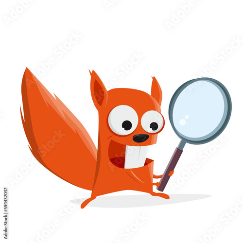 funny cartoon squirrel with magnifying glass