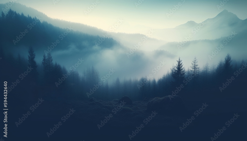 Mystery fog shrouds tranquil scene of wilderness adventure generated by AI