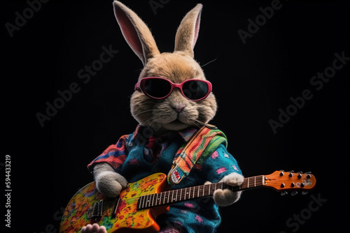 Stylish beige rabbit playing his colorful electric guitar. He wears a multi-colored jacket and pink sunglasses. Rocking bunny guitarist. Shot in studio against a black background.