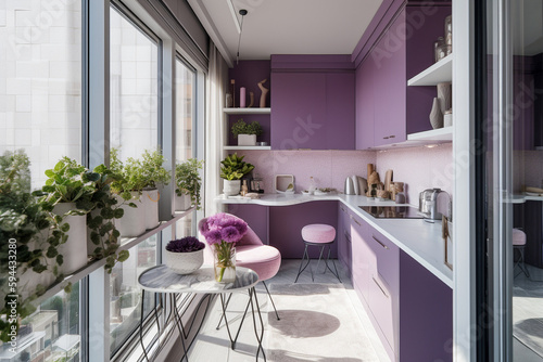 Cozy modern kitchen for woman, lilac light colors. Super photo realistic background, generative ai illustration