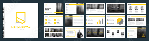 Presentation template in yellow colors and minimal logo. Presentation slides for wide screen include graph, diagram and icons. Corporate identity presentation for business company.