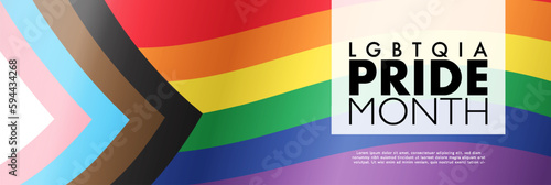 Colorful LGBTQIA pride month banner with new pride flag background. Vector template background.