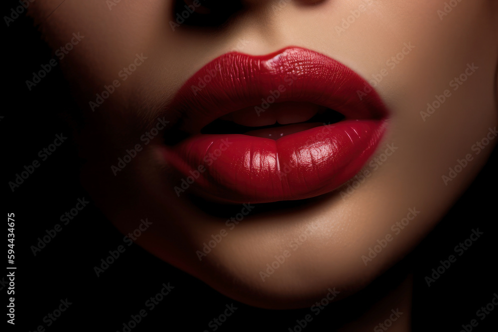 Fototapeta premium Close up lips of woman. Intimate moment. Kiss. Generative AI
