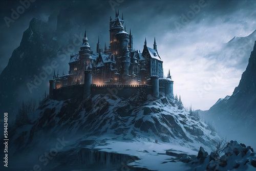 a castle sitting on top of a snow covered hill  dark castle  gothic art 