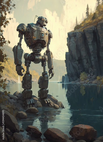 a painting of a robot standing in front of a body of water, futuristic art 