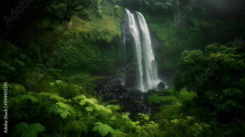 Majestic waterfall cascading over a cliff surrounded by lush vegetation  captured from a distance with soft  diffused light and a range of soothing greens and blues