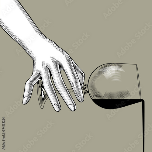A woman's hand spills a stream of wine from a glass. Vintage engraving stylized drawing. Vector illustration