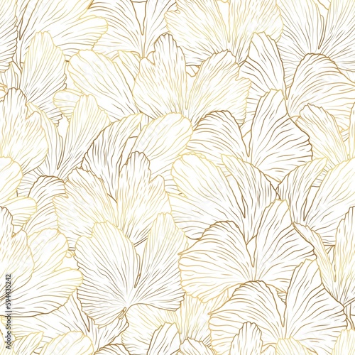 Golden leaves Ginkgo Biloba  background. Luxury floral art line. Gold leaves natural pattern.