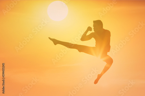 MMA martial arts concept. Man doing a jump kick in the air. 